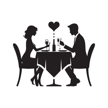 Captivating Dinner Romance Silhouette: A Couple Savoring Love in a Valentine Setting, Suitable for Stock - Valentine Vector - Couple Dinner Vector Stock
