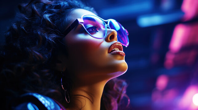 Close-up portrait of a young girl wearing glasses in neon light. Cyber background. Generative AI