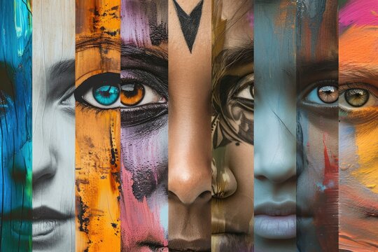 A vibrant mix of urban and traditional art, showcasing the human face through a modern lens with expressive strokes and bold colors in a striking mural of graffiti and street art