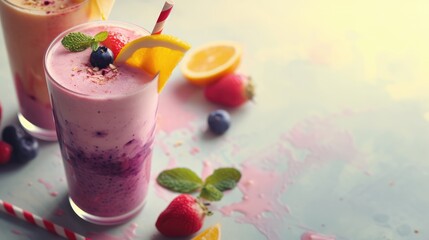 Fresh fruits and berries smoothie in a glass with free place for text. Healthy food concept background, banner