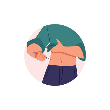 Person apply self injection in belly flat vector illustration.