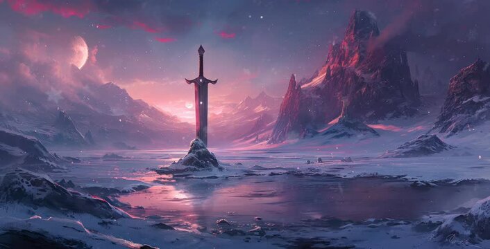 a hero's sword stuck in a rock in the middle of a frozen lake. seamless looping time-lapse virtual video Animation Background.	