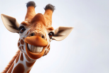 photorealistic mid portrait of a giraffe with a big teeth smile and huge eyes on a white background. ai generative - obrazy, fototapety, plakaty