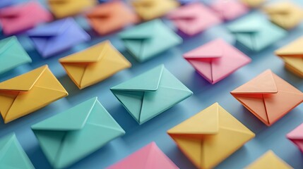 Many colorful paper envelopes on blue background.Marketing and business ideas through email, send and receive information online