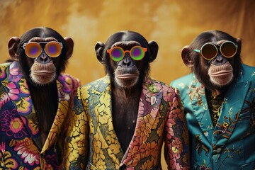 A vibrant group of monkeys donning colorful suits and stylish sunglasses, standing confidently outdoors with a woman's face painted on their goggles