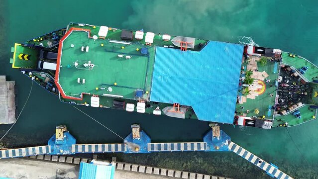 Aerial View of a Ferry Boat Anchored at Gorontalo Harbor in the Morning