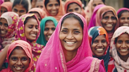 A joyful group of diverse women in beautiful saris and headscarves share a radiant smile, showcasing their unique styles and strong bond in an outdoor setting