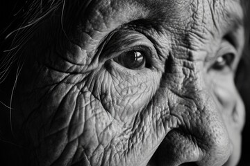 A monochrome portrait of an old woman's face, with deep wrinkles and weary eyes, resembling the wise and weathered head of an elephant