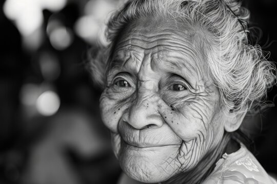 An aged face bears the weight of time, each wrinkle a map of a life well-lived, captured in monochrome against the backdrop of nature's canvas