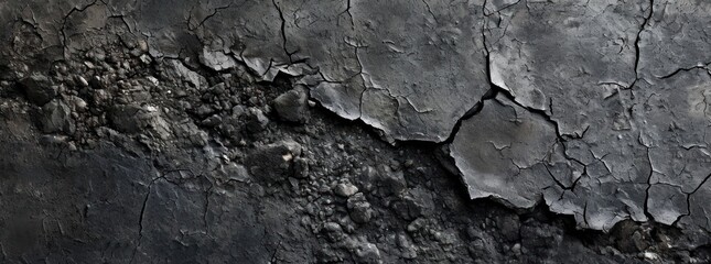 Textured black cracked surface, perfect for backgrounds in edgy, industrial design or to convey concepts of breakage and resilience.