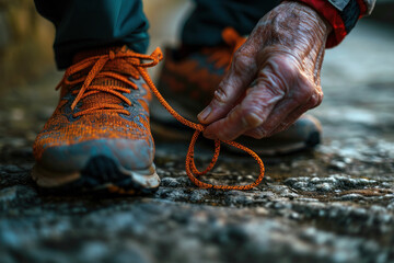 A close-up photo of an elderly person's hands tying running shoes, focusing on the action and the texture of the shoes