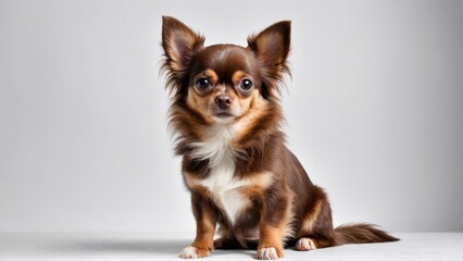Fototapeta premium Chocolate long coat chihuahua dog on grey background