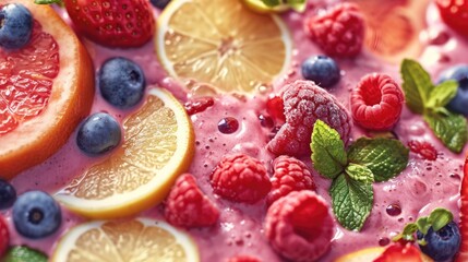 Fresh smoothie texture with berries and fruits. Close up top view of healthy shake background, banner - Powered by Adobe