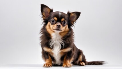 Fototapeta premium Chocolate long coat chihuahua dog on grey background