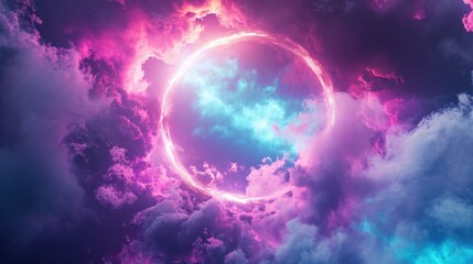 Ethereal cloudscape with a radiant sun peeking through a circular opening, ideal for imaginative or spiritual themed projects. - obrazy, fototapety, plakaty