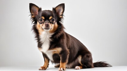 Fototapeta premium Chocolate long coat chihuahua dog on grey background