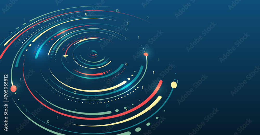 Aufkleber Large data stream on a dark background, glowing lines and circles. Data set analysis and visualization. Artificial intelligence, business analytics. An array of information in the form of a disk.