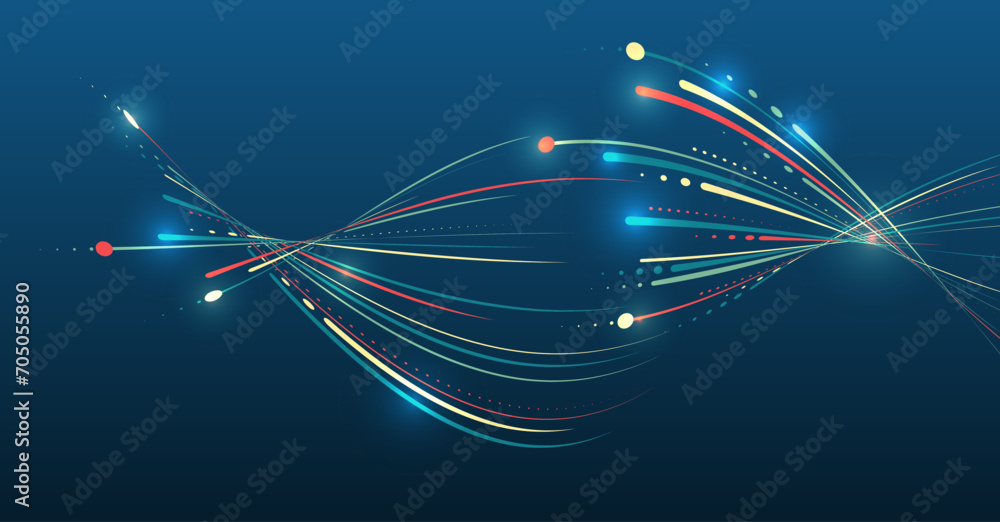 Fototapete Large data stream on a dark background, glowing lines and circles. Data set analysis and visualization. Abstract business analytics. An array of information in the form of waves.