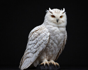A Snowy Owl, a large white owl with black markings, perched on a black surface. The owl has yellow eyes and a thick white beak.