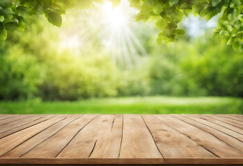 Naklejka na ściany i meble Wooden table surface with a vibrant green garden background, excellent for presentations, v2