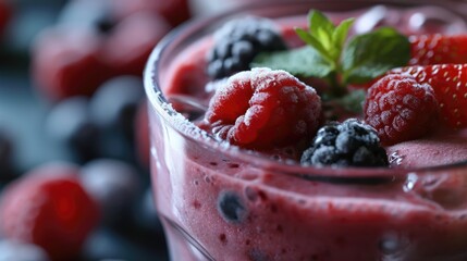Close up of fresh fruits and berries smoothie in a glass. Healthy food concept background, banner