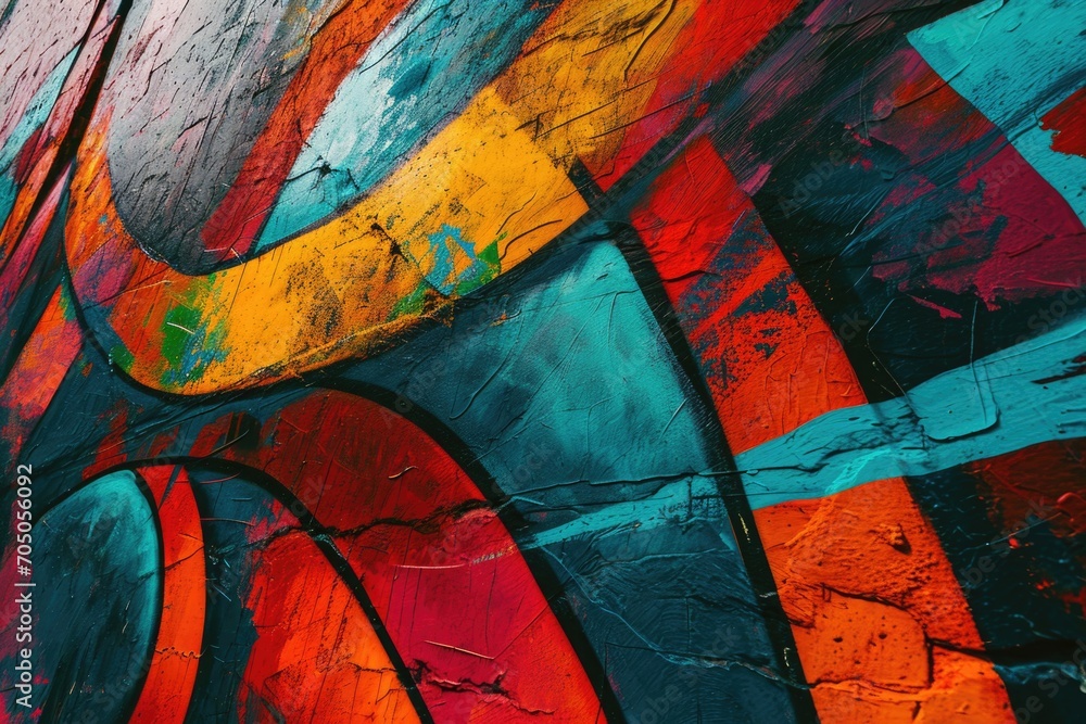 Poster A detailed view of a vibrant painting on a wall. Perfect for adding a pop of color and artistic flair to any space