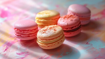 Fototapeta na wymiar Colourful macarons sweet dessert on pastel background. French cuisine, macaroon bakery concept