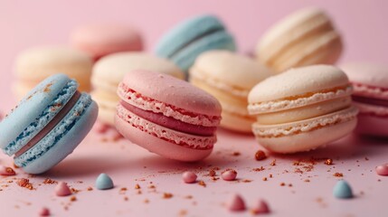 Fototapeta premium Colourful macarons sweet dessert on pastel background. French cuisine, macaroon bakery concept