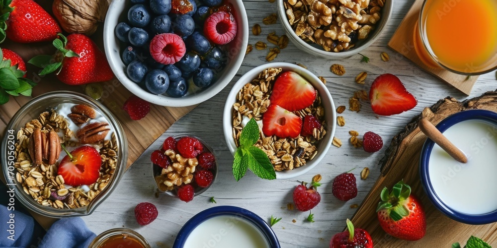 Poster a table with various bowls filled with fresh fruits and creamy yogurt. perfect for a healthy breakfa