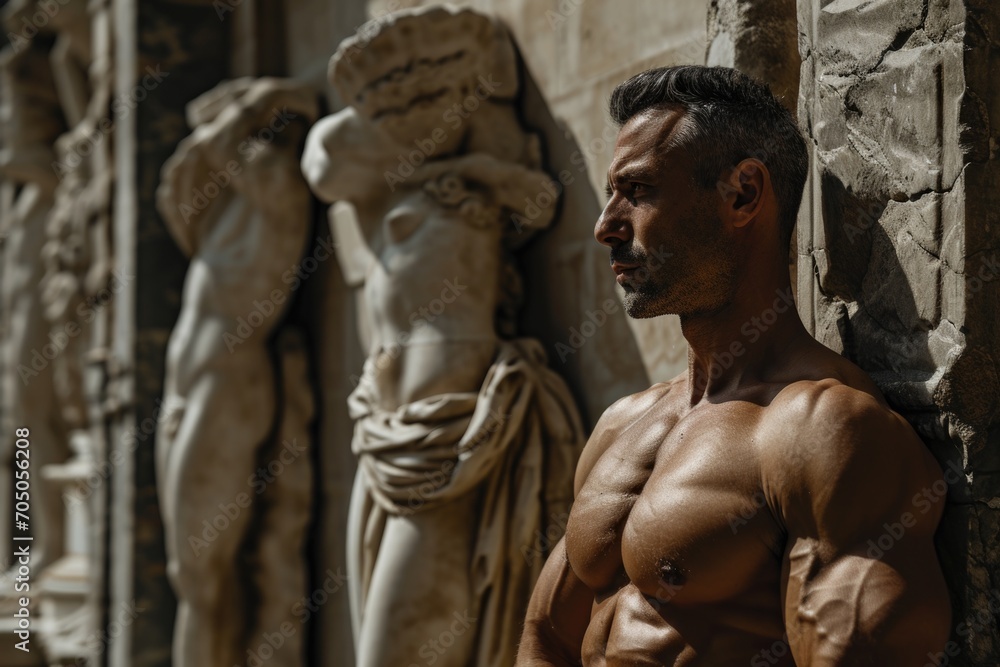 Poster a picture of a shirtless man leaning against a stone wall. this versatile image can be used in vario