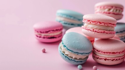 Fototapeta na wymiar Colourful macarons sweet dessert on pastel background with free place for text. French cuisine, macaroon bakery concept
