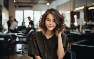 Smiling young woman in a salon with a fresh haircut, exuding confidence and style.