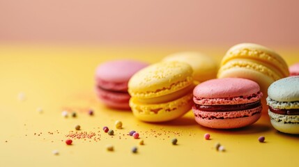 Obraz premium Colourful macarons sweet dessert on pastel background with free place for text. French cuisine, macaroon bakery concept