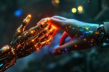 Robot and the man touch their fingers. Human Cyborghand hand. Prosthetic. Machine. Contact. Technology. Future, innovation. Science, progress, symbiosis, integration. Cybernetics, cooperation. Ai art