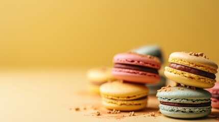 Fototapeta premium Colourful macarons sweet dessert on pastel background with free place for text. French cuisine, macaroon bakery concept