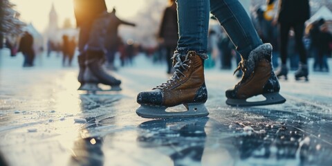 Ice skates up close on a wet surface. Ideal for winter sports or ice skating themed designs - obrazy, fototapety, plakaty