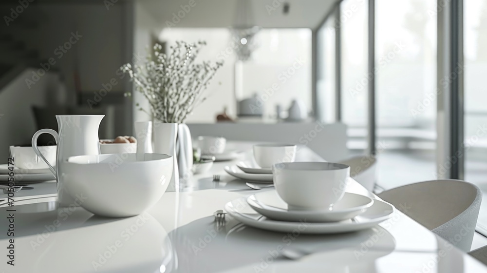 Aufkleber A simple and elegant white table with cups and saucers. Perfect for showcasing a variety of beverages and creating a cozy atmosphere