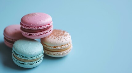 Obraz premium Colourful macarons sweet dessert on pastel background with free place for text. French cuisine, macaroon bakery concept