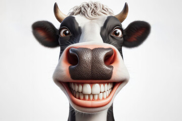 photorealistic portrait of a cow with a big teeth smile and huge eyes on a white background. ai generative