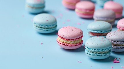 Obraz premium Colourful macarons sweet dessert on pastel background with free place for text. French cuisine, macaroon bakery concept