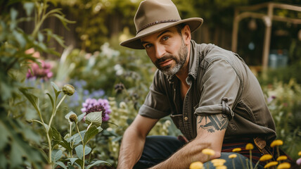 A handsome man takes a break from work in the garden among green and flowering plants.