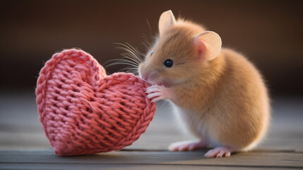A little mouse is surprised to see a gift in the form of a large crocheted heart.