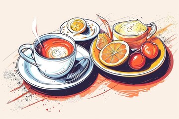 A drawing of a cup of coffee and a plate of food. Perfect for illustrating a cozy breakfast or brunch scene - obrazy, fototapety, plakaty
