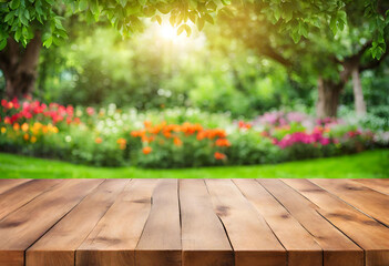 Wooden table surface with a vibrant green garden background, excellent for presentations, v2