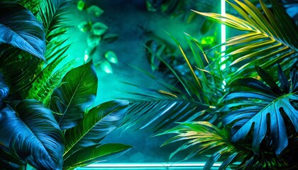 Glowing Botany: Green and Blue Neon Lights Accentuating Tropical Foliage