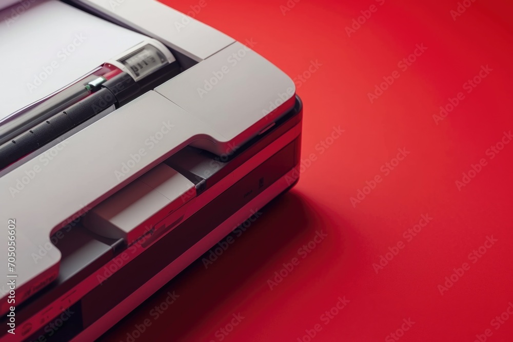 Poster A detailed view of a printer placed on a vibrant red surface. Suitable for various office and technology-themed designs