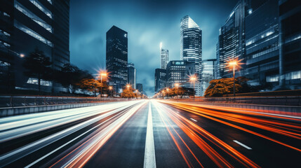 Long exposure photo of a night road in a metropolis. Nighttime atmospheric light from cars. Generative AI - Powered by Adobe