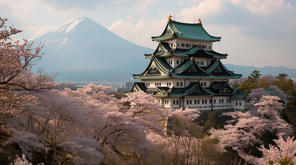 Traditional Japanese castle with tiered roofs, surrounded by blooming cherry blossoms, with Mount Fuji in the background, depicting springtime in Japan