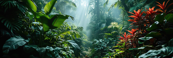 Lush tropical rainforest bathed in beams of sunlight, highlighting the diversity of green foliage and red tropical plants - obrazy, fototapety, plakaty