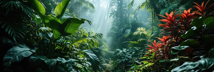 Zelfklevend Fotobehang Lush tropical rainforest bathed in beams of sunlight, highlighting the diversity of green foliage and red tropical plants © AI Petr Images